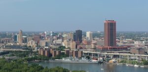 wide view of riverfront city skyline